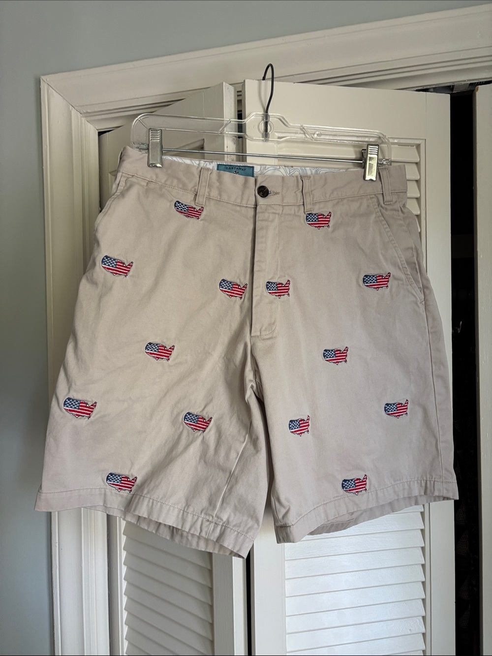 Castaway Mens Khaki Shorts with Embroidered American Flag Motif